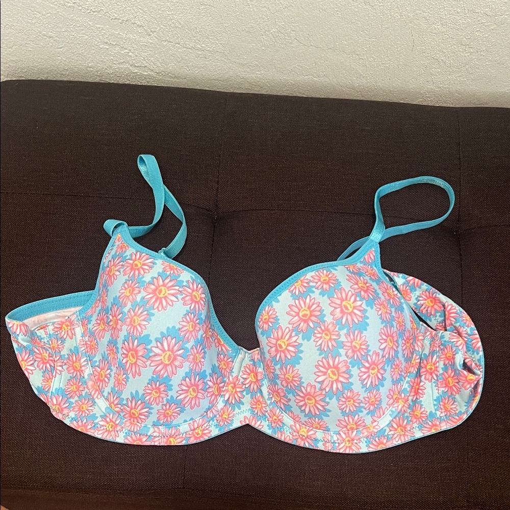 #1275=Floral Patterned Bra with Blue Straps